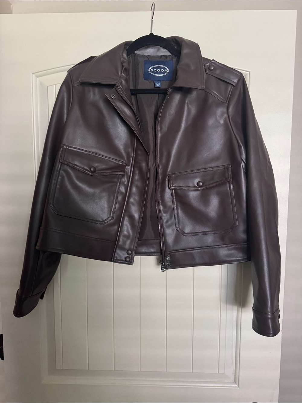 Scoop Women's Brown Faux Leather Zip-Front Jacket with pockets